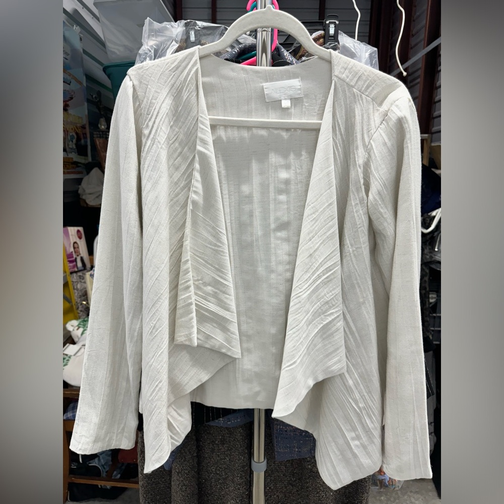 Alexis Metallic Shimmer Silver White Zipper Cuffs Open Drape Cardi Jacket S